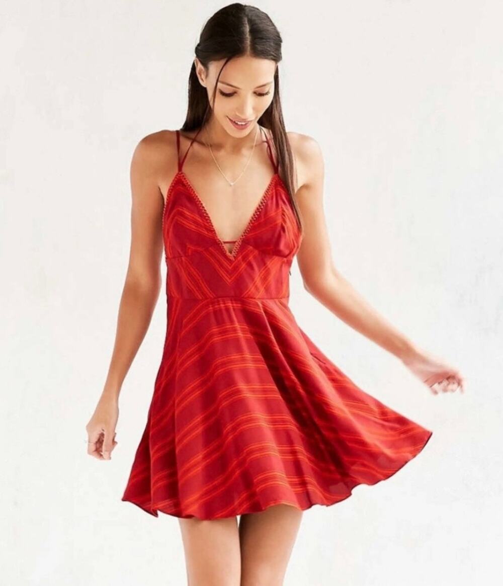 🔥Urban Outfitters Ecote Boho Indie Sleaze Hippie Plunged Neck Stripe Mini Dress